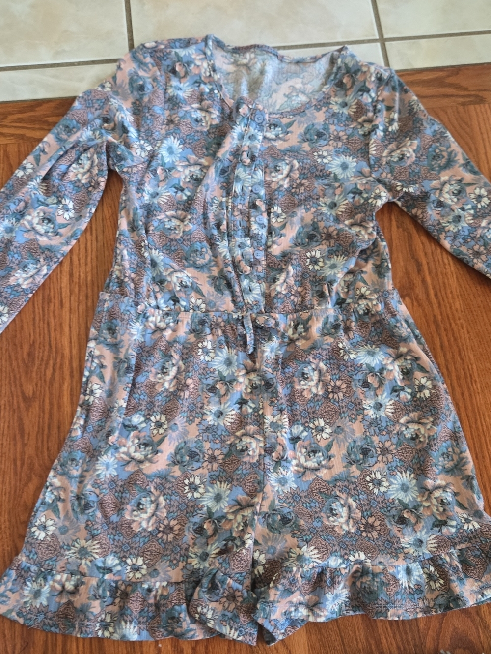 Floral Long-Sleeve Romper in Blue and Pink